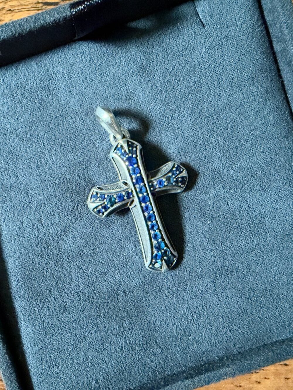 David Yurman Armory Cross Pendant w/ Blue Sapphires - RARE